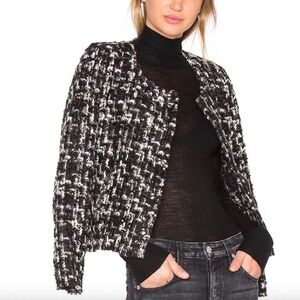 IRO Nalokie Tweed Boucle Wool Blazer Black White Blue Houndstooth Zip Front 12